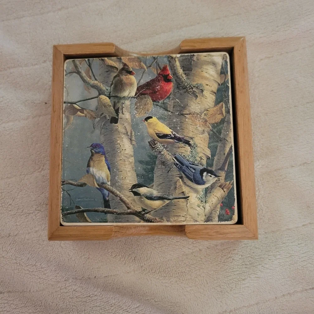Bird Coasters Set of 4 Cork Back Cardinal Finch Birch Trees‎ Wood Holder 4x4